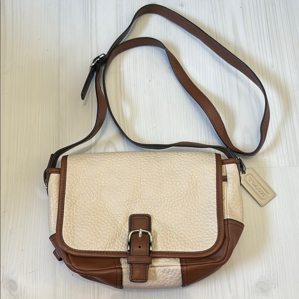 Coach Cream and Brown Crossbody Bag with Flap Closure